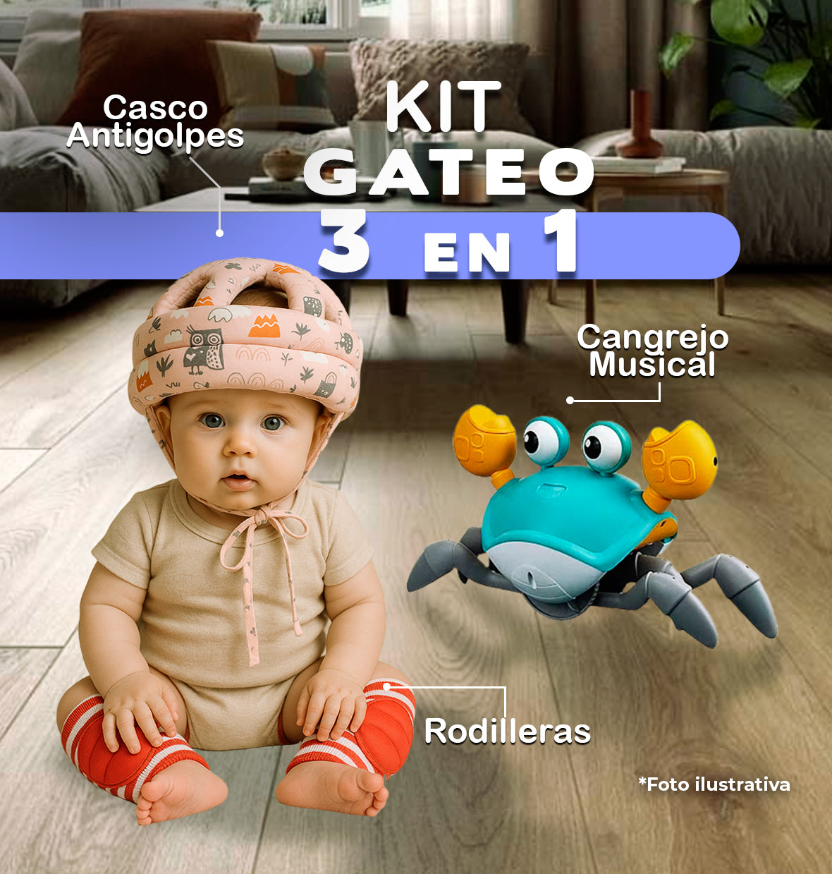 KIT GATEO | Cangrejo Musical, Casco Antigolpes y Rodilleras